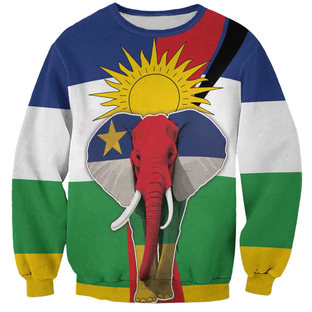 Multicolor crewneck sweatshirt with elephant graphic and Central African flag-style stripes
