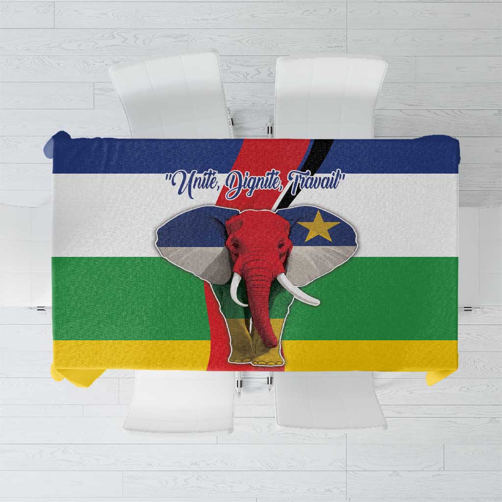 Flag-style tablecloth with blue band, red elephant emblem, green and yellow stripes