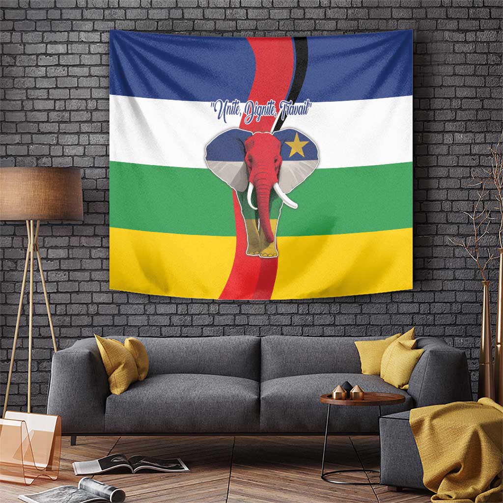Blue, green and yellow flag-style tapestry with elephant and 'Unite, Dignite, Travail'
