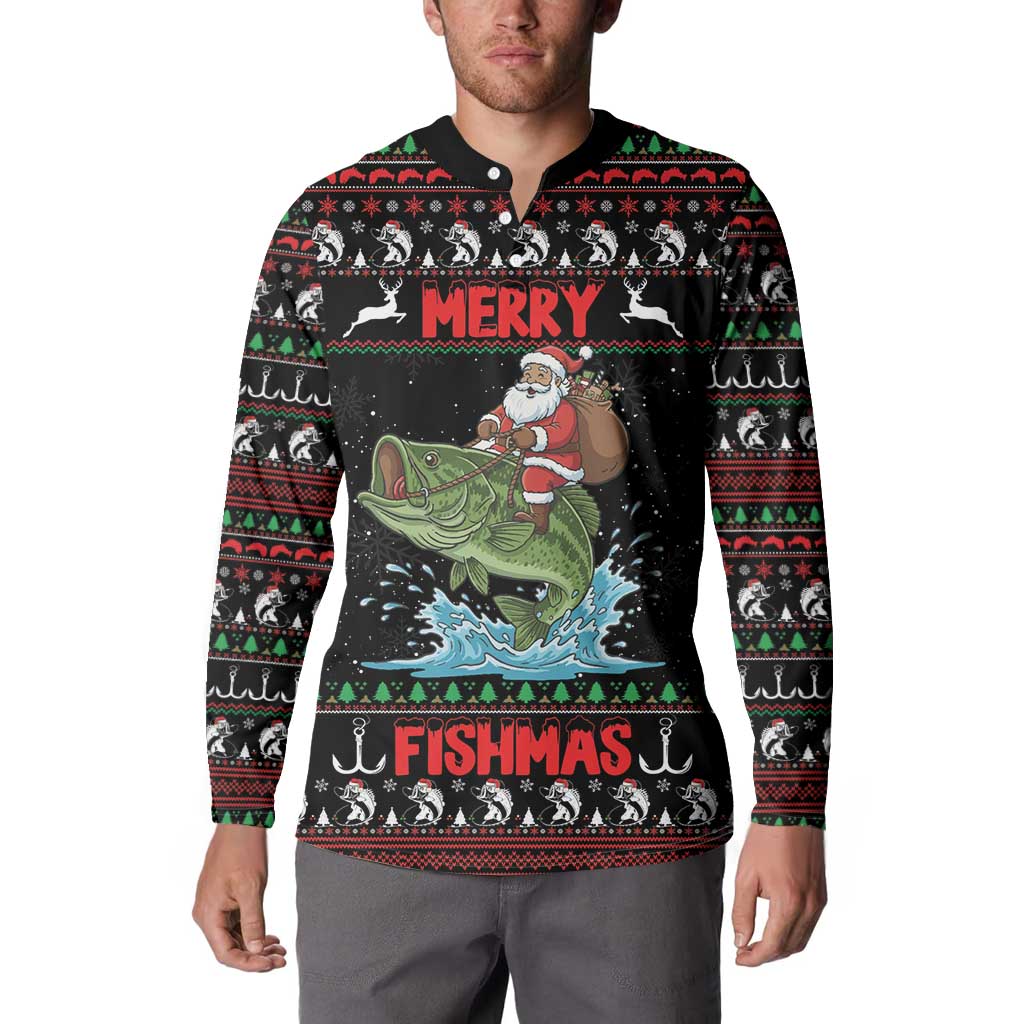 Merry Fishmas Santa Riding Bass Personalized Button Sweatshirt Funny Christmas - Wonder Print Shop
