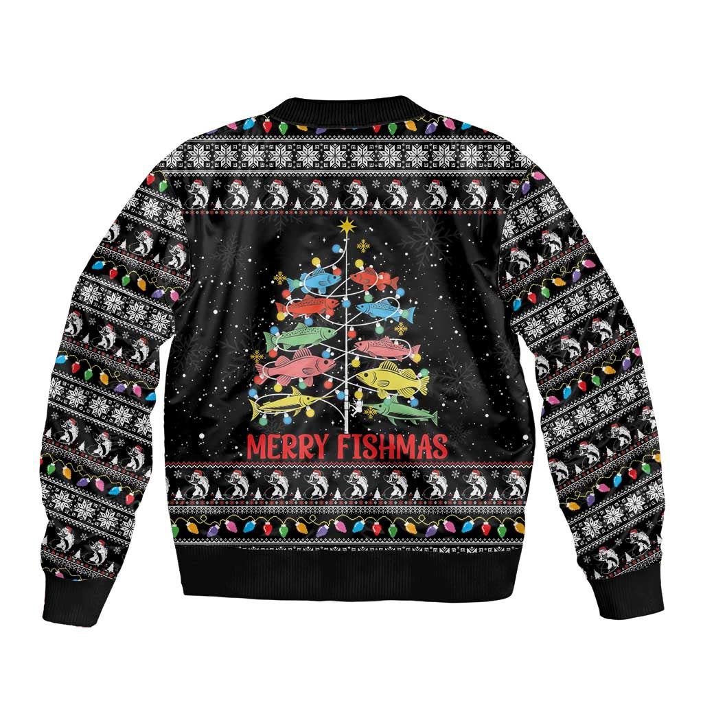 Merry Fishmas Bomber Jacket Fishing Christmas Tree Lights - Wonder Print Shop