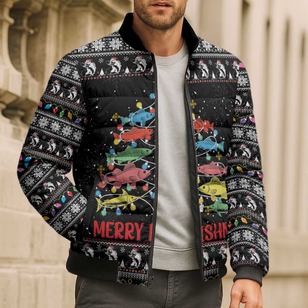 Merry Fishmas Bomber Puffer Jacket Fishing Christmas Tree Lights - Wonder Print Shop
