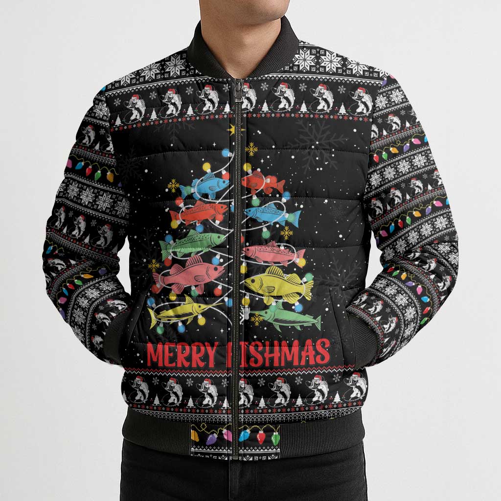 Merry Fishmas Bomber Puffer Jacket Fishing Christmas Tree Lights - Wonder Print Shop