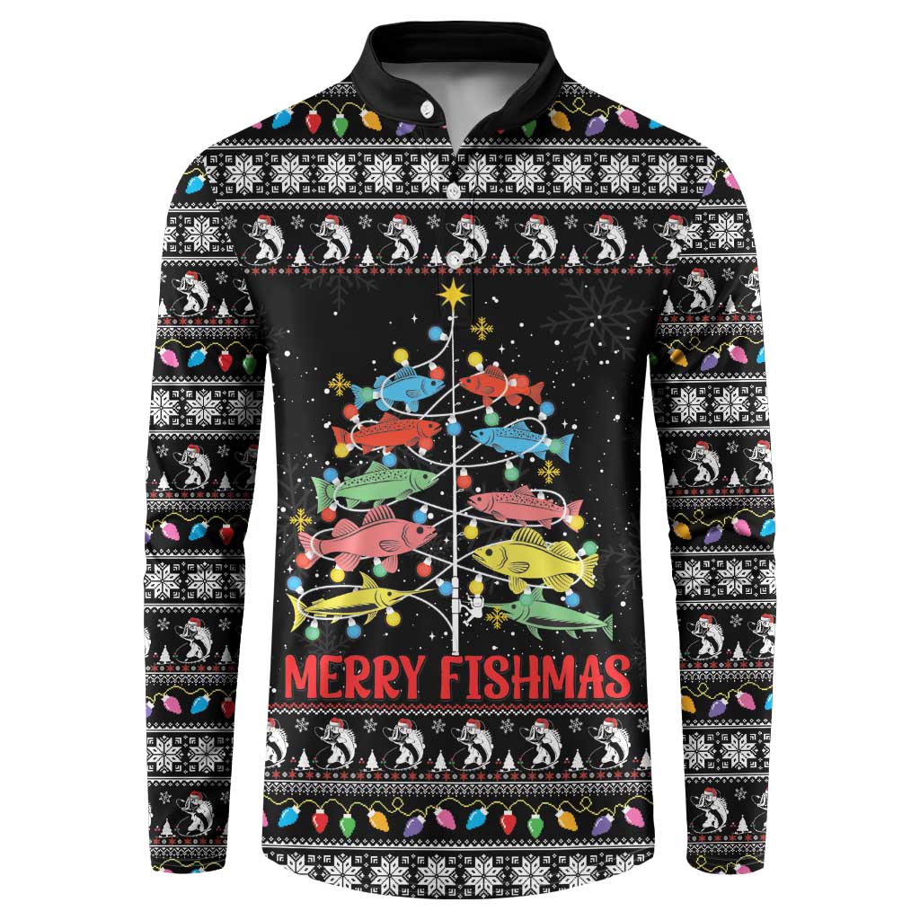 Merry Fishmas Button Sweatshirt Fishing Christmas Tree Lights - Wonder Print Shop