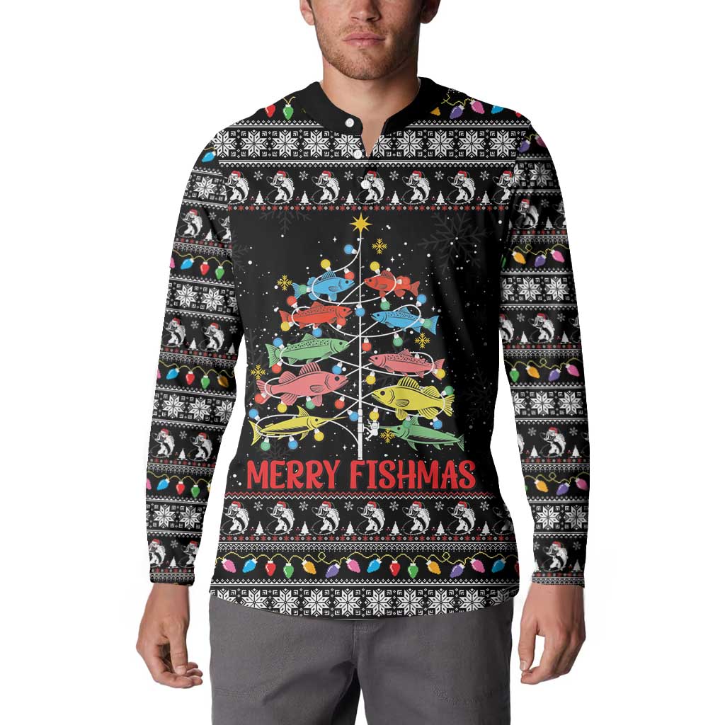 Merry Fishmas Button Sweatshirt Fishing Christmas Tree Lights - Wonder Print Shop