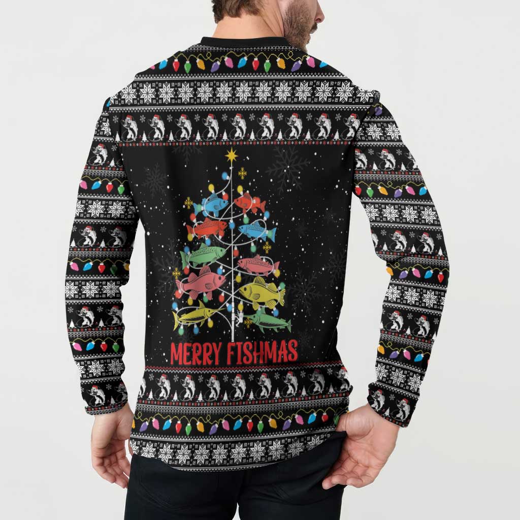 Merry Fishmas Button Sweatshirt Fishing Christmas Tree Lights - Wonder Print Shop