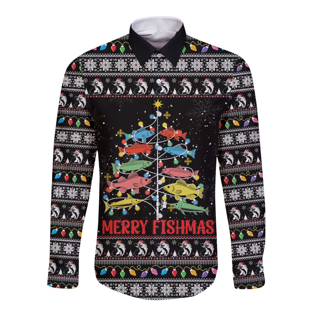 Merry Fishmas Long Sleeve Button Shirt Fishing Christmas Tree Lights - Wonder Print Shop