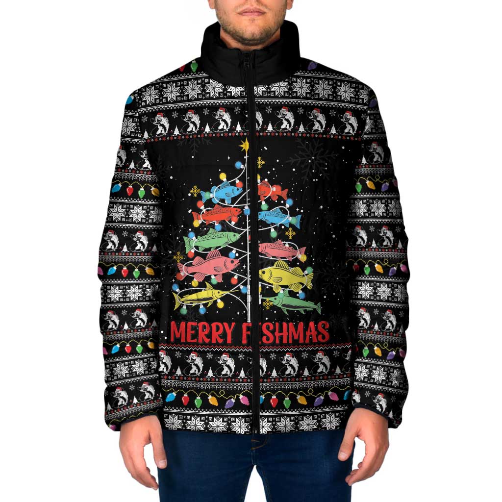 Merry Fishmas Padded Jacket Fishing Christmas Tree Lights - Wonder Print Shop