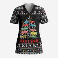Merry Fishmas Scrub Top Fishing Christmas Tree Lights - Wonder Print Shop