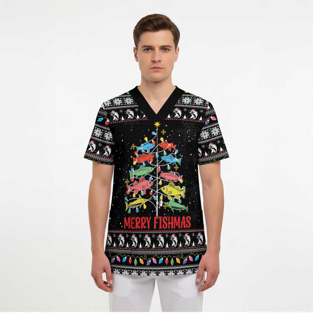 Merry Fishmas Scrub Top Fishing Christmas Tree Lights - Wonder Print Shop
