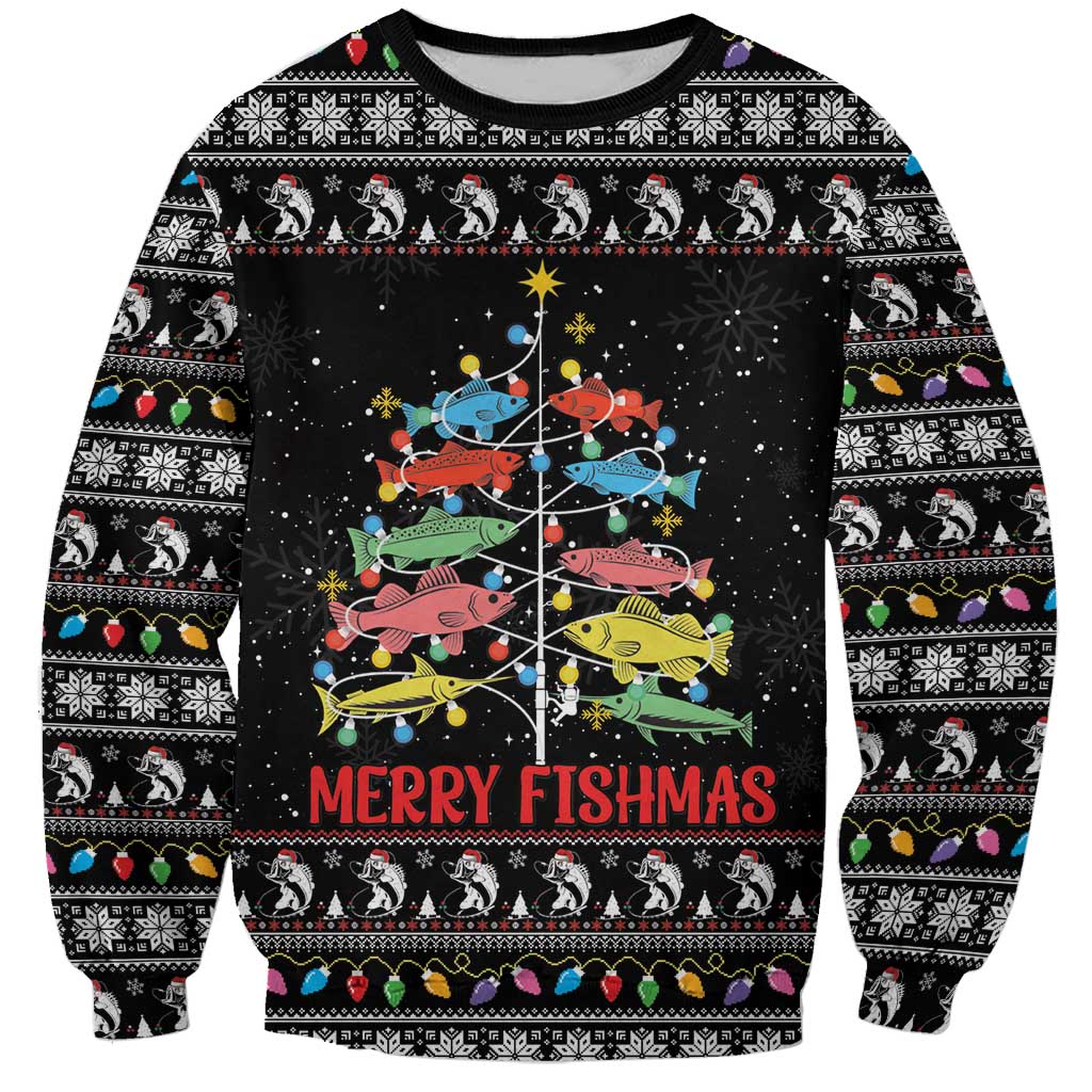 Merry Fishmas Sweatshirt Fishing Christmas Tree Lights - Wonder Print Shop