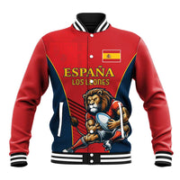 Red baseball varsity jacket with lion mascot, Spain crest, and striped ribbed collar