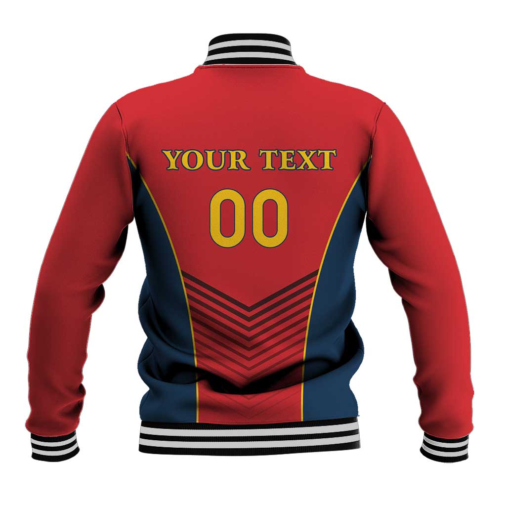 Red baseball varsity jacket back with striped ribbed hem and custom-style '00' graphic