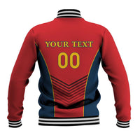 Red baseball varsity jacket back with striped ribbed hem and custom-style '00' graphic