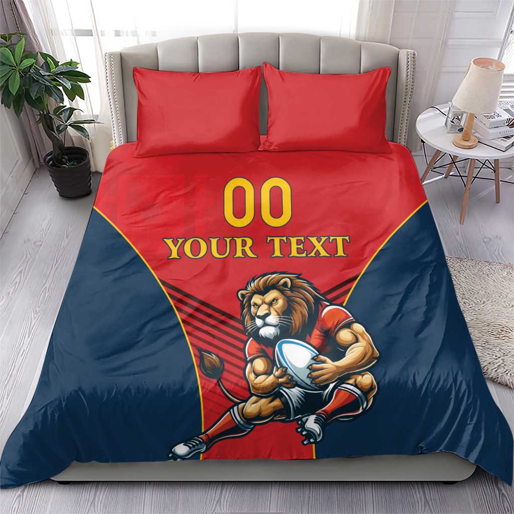 Red and navy duvet with lion mascot holding ball, 'YOUR TEXT' and '00', two matching pillowcases