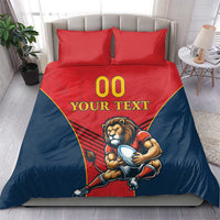 Red and navy duvet with lion mascot holding ball, 'YOUR TEXT' and '00', two matching pillowcases
