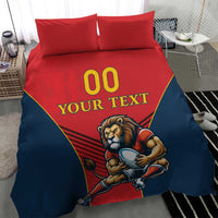 Red and navy duvet cover with lion mascot holding ball, 'YOUR TEXT' and '00', two pillowcases
