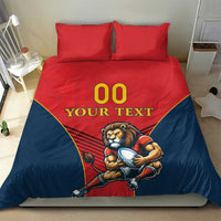 Red and navy duvet set with lion mascot, 'YOUR TEXT' and '00', two pillowcases