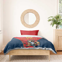 Red and navy duvet with lion mascot holding ball, 'YOUR TEXT' and '00', with one pillow