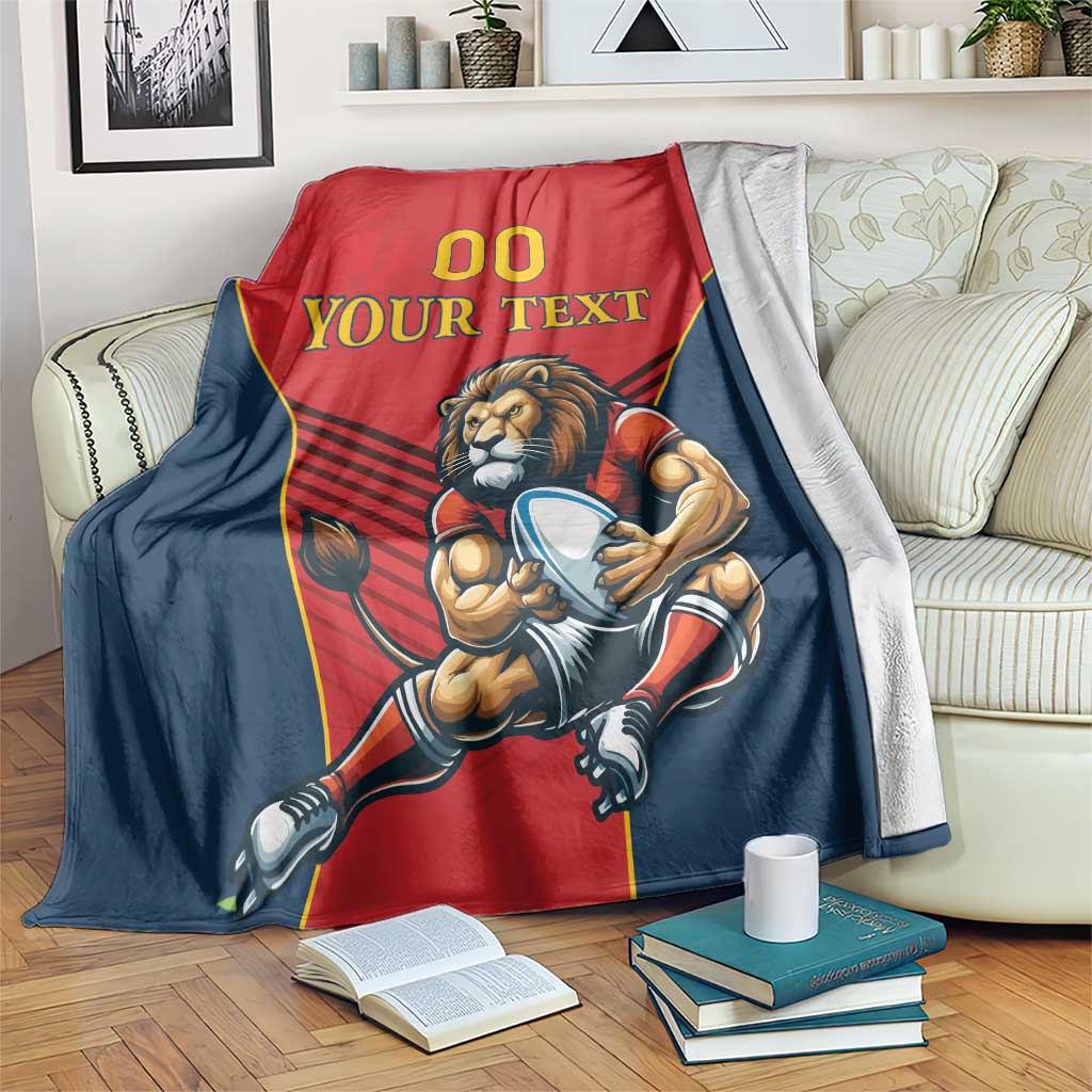 Spain rugby blanket with lion mascot, red and navy shield, personalized text
