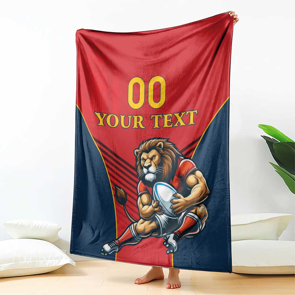 Spain rugby blanket with lion mascot holding a ball, red and navy design