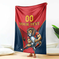 Spain rugby blanket with lion mascot holding a ball, red and navy design