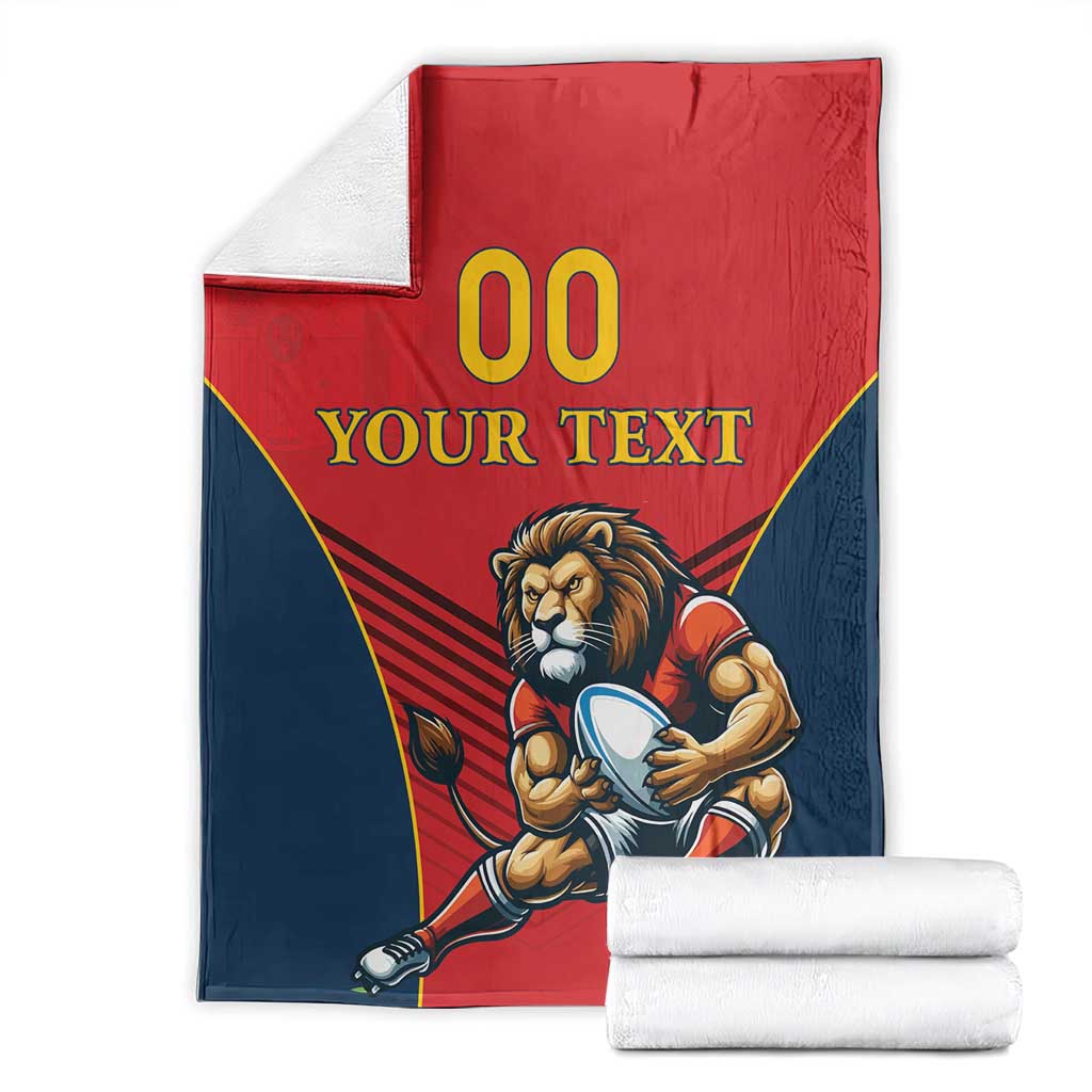 Spain rugby blanket folded with lion mascot, red and navy shield and text