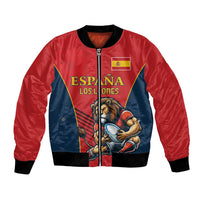 Red and navy satin-style rugby bomber jacket with lion mascot and Spain graphic