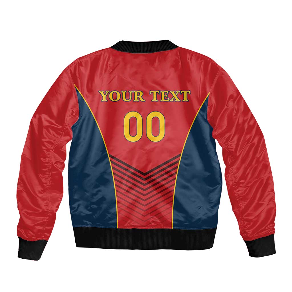 Red and navy rugby bomber jacket back with custom text and number 00 design