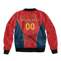 Red and navy rugby bomber jacket back with custom text and number 00 design