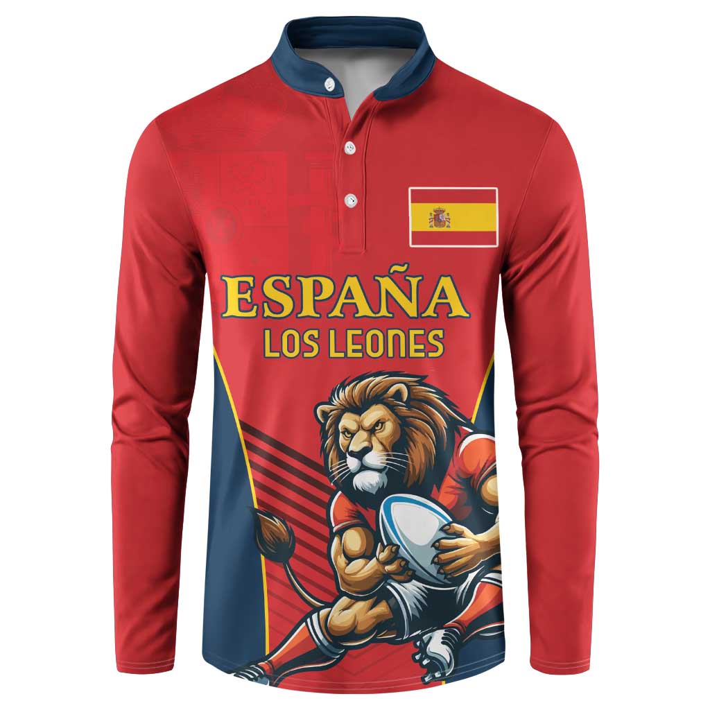 Red rugby button sweatshirt with navy collar and lion mascot front graphic, Spain text