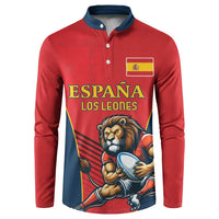 Red rugby button sweatshirt with navy collar and lion mascot front graphic, Spain text