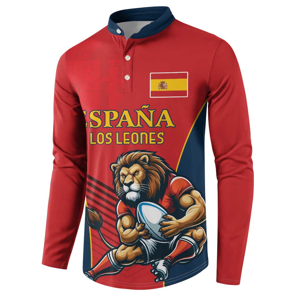 Red rugby button sweatshirt with navy collar and lion mascot, Spain and Los Leones print