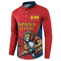 Red rugby button sweatshirt with navy collar and lion mascot, Spain and Los Leones print