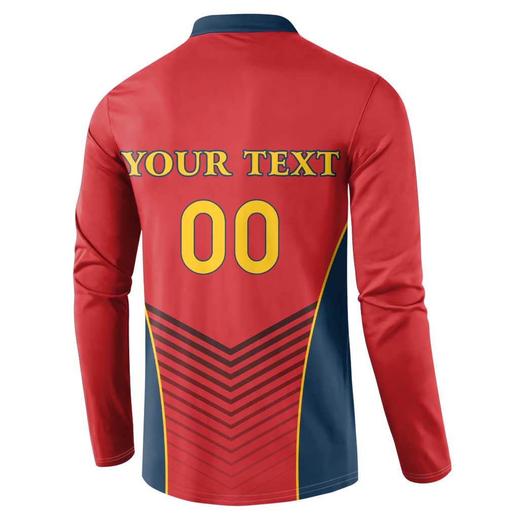 Red rugby button sweatshirt back with YOUR TEXT and large yellow number 00