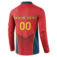 Red rugby button sweatshirt back with YOUR TEXT and large yellow number 00