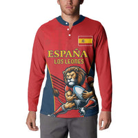 Red rugby button sweatshirt with navy collar and front Spain lion mascot graphic