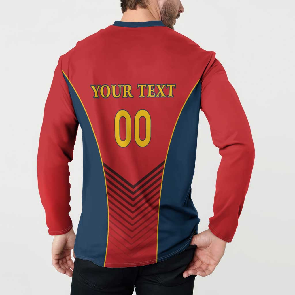 Red rugby button sweatshirt back with YOUR TEXT and yellow 00, chevron stripes detail