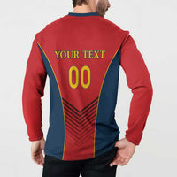 Red rugby button sweatshirt back with YOUR TEXT and yellow 00, chevron stripes detail