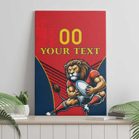 Lion mascot rugby canvas wall art in red and blue with '00' and 'YOUR TEXT' design.