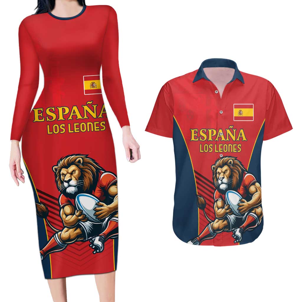 Custom Spain Rugby Couples Matching Long Sleeve Bodycon Dress and Hawaiian Shirt Los Leones Lion Mascot