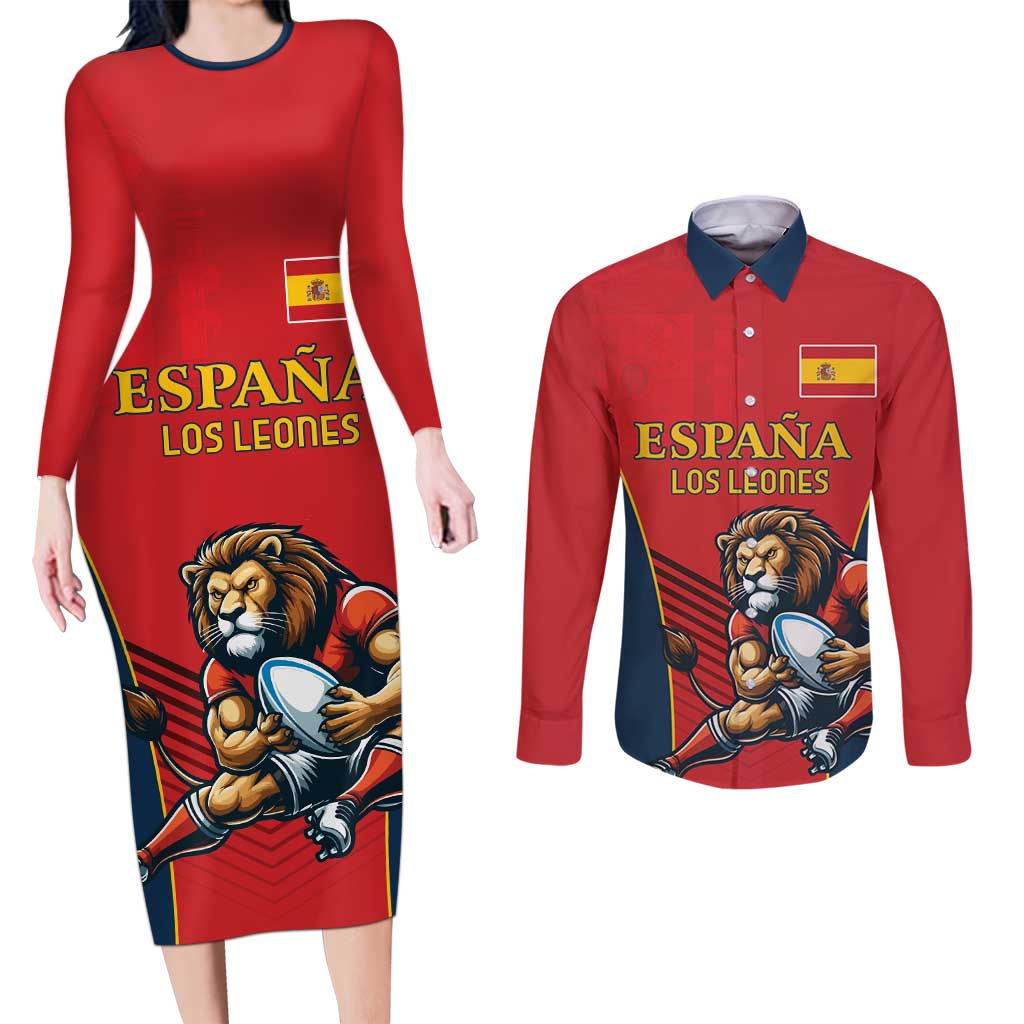 Custom Spain Rugby Couples Matching Long Sleeve Bodycon Dress and Long Sleeve Button Shirt Los Leones Lion Mascot