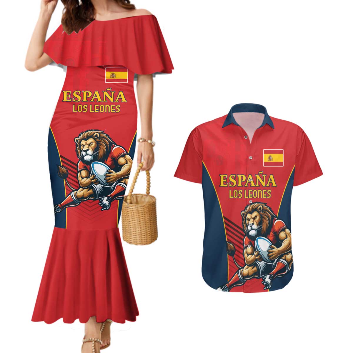 Custom Spain Rugby Couples Matching Mermaid Dress and Hawaiian Shirt Los Leones Lion Mascot