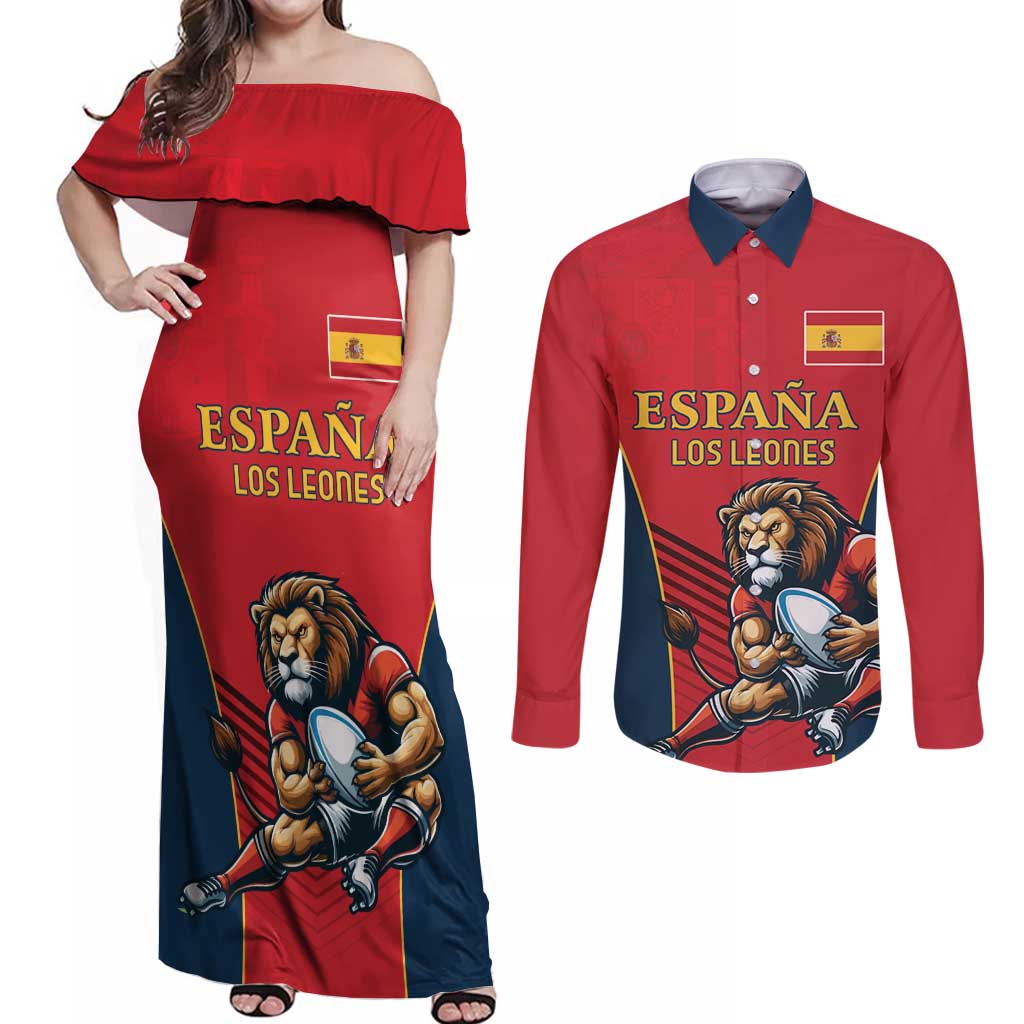 Custom Spain Rugby Couples Matching Off Shoulder Maxi Dress and Long Sleeve Button Shirt Los Leones Lion Mascot