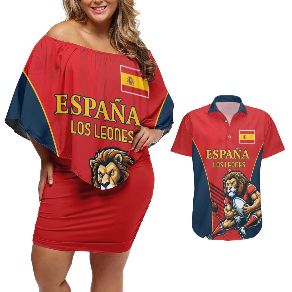 Custom Spain Rugby Couples Matching Off Shoulder Short Dress and Hawaiian Shirt Los Leones Lion Mascot