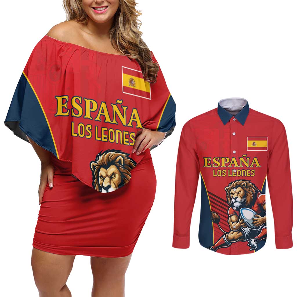 Custom Spain Rugby Couples Matching Off Shoulder Short Dress and Long Sleeve Button Shirt Los Leones Lion Mascot