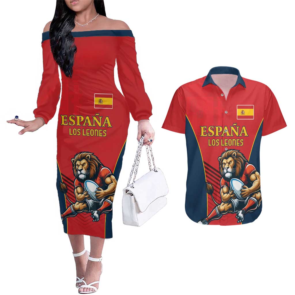 Custom Spain Rugby Couples Matching Off The Shoulder Long Sleeve Dress and Hawaiian Shirt Los Leones Lion Mascot