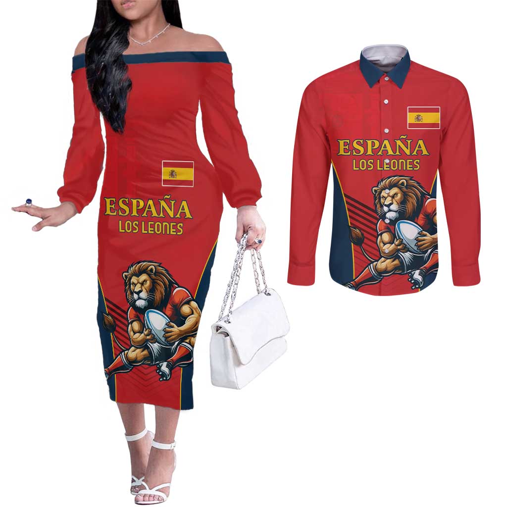 Custom Spain Rugby Couples Matching Off The Shoulder Long Sleeve Dress and Long Sleeve Button Shirt Los Leones Lion Mascot