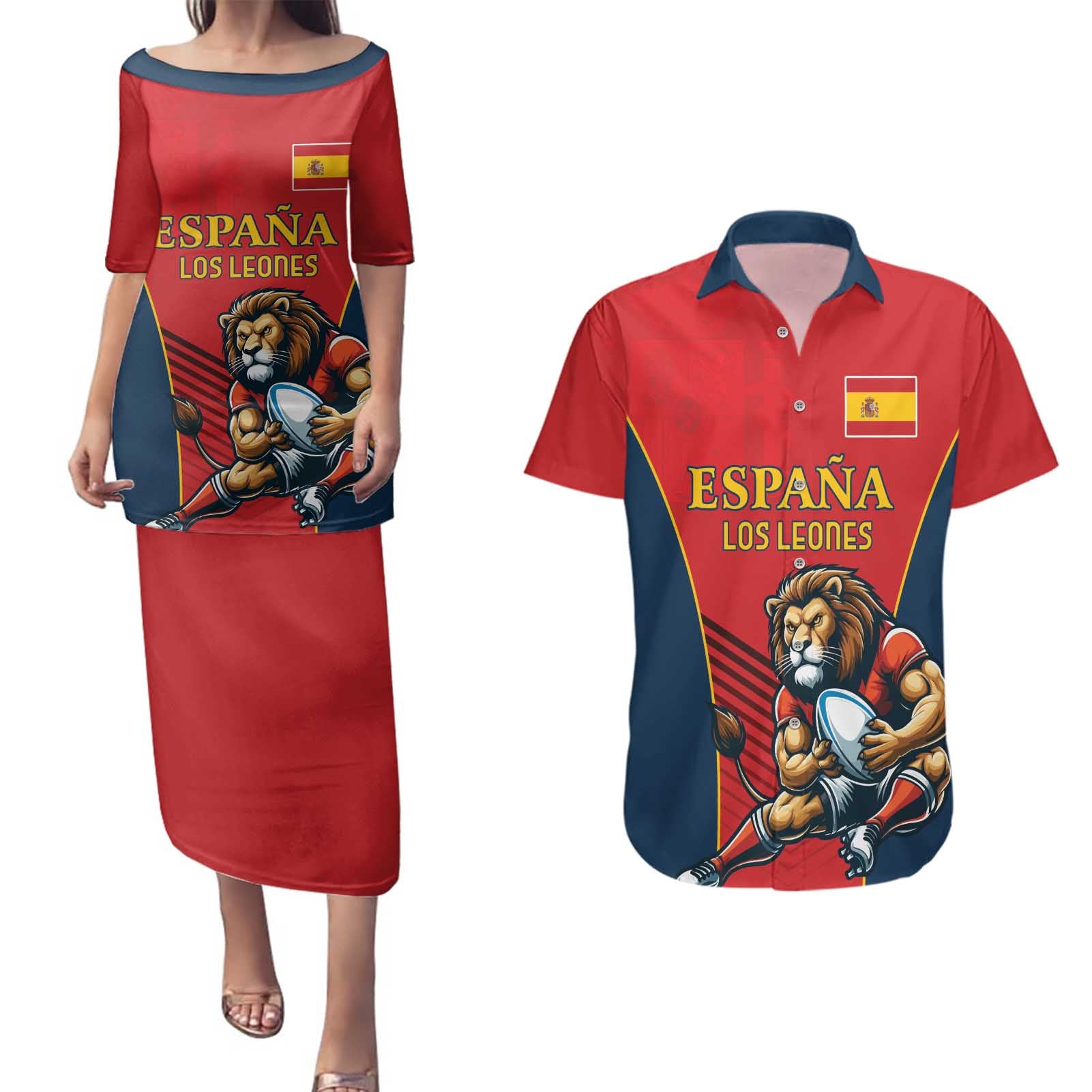 Custom Spain Rugby Couples Matching Puletasi and Hawaiian Shirt Los Leones Lion Mascot