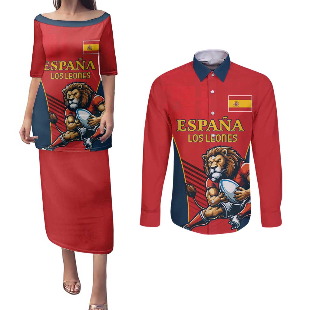 Custom Spain Rugby Couples Matching Puletasi and Long Sleeve Button Shirt Los Leones Lion Mascot